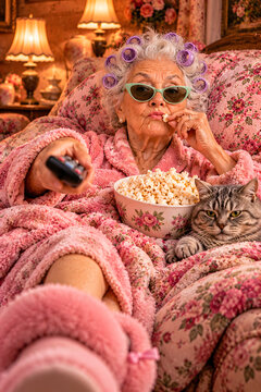 Trendy senior woman with hair curlers and sunglasses relaxing on a floral couch with a bowl of popcorn and TV remote, accompanied by a cute tabby cat in a cozy, warm-lit vintage living room.