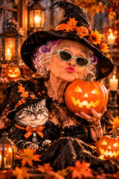 Charming senior witch in a whimsical Halloween setting with a matching tabby cat, blowing a kiss. She wears a floral witch hat, light-blue sunglasses, and lace dress, holding a lit pumpkin.