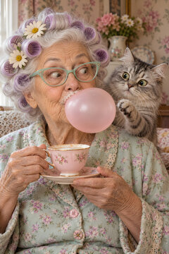 Funny senior woman blowing a large pink bubble gum bubble with a cute blue budgie parakeet perched on top, wearing hair curlers and glasses.