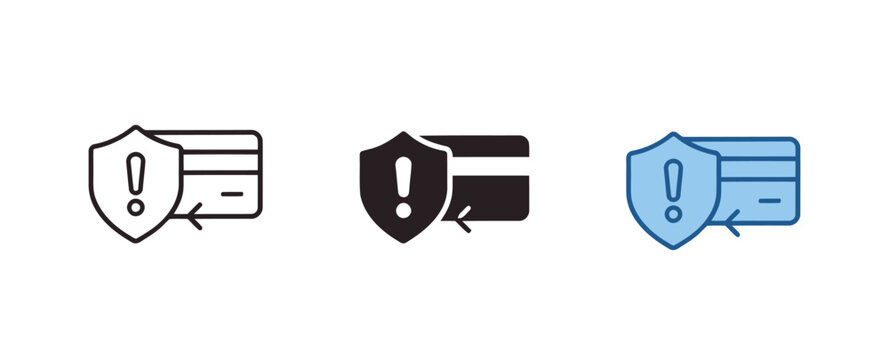 Credit card payment alert icons featuring exclamation marks and refund symbols for payment warnings, transaction issues, banking security, and online shopping interfaces.
