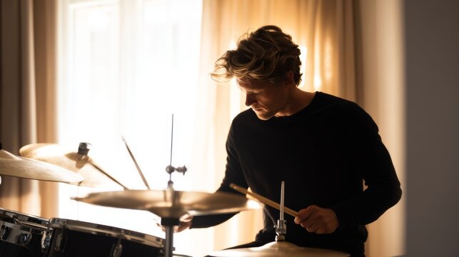 A passionate drummer performing in a sunlit room creating a vibrant atmosphere filled with rhythm and music showcasing talent and creativity in music making. Generative AI