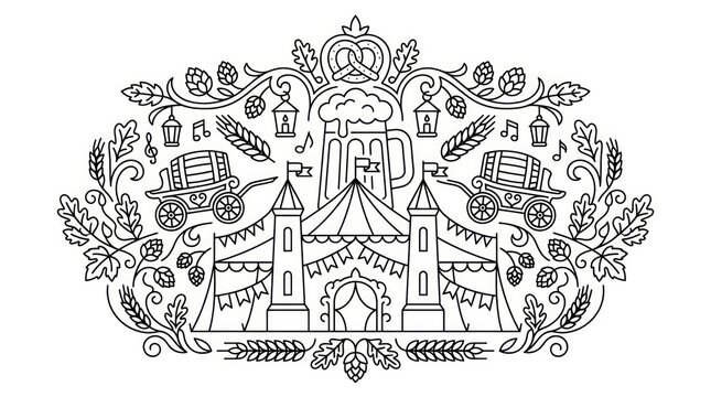 German beer festival line art illustration with tent and mug