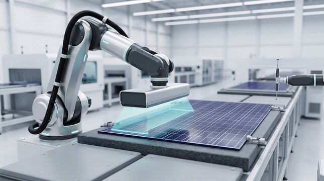 Automated robotic arm scanning solar panel module on industrial assembly line in high tech manufacturing facility with clean white background and precise laser sensor technology