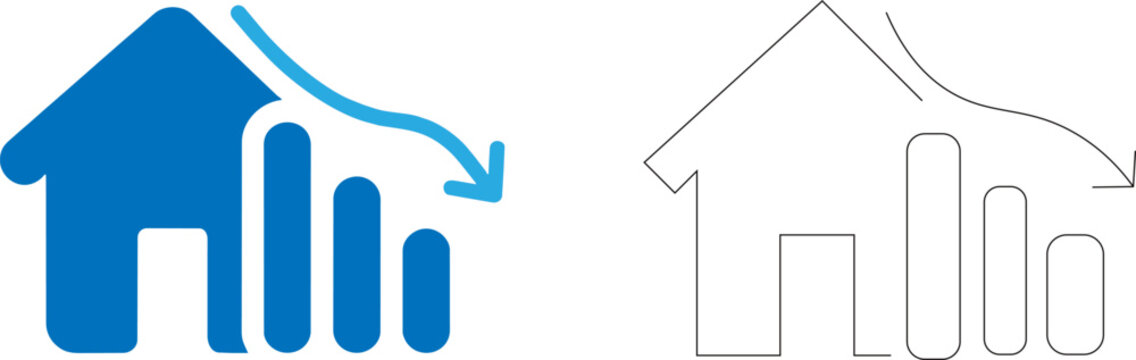 Real Estate Market Decline Editable Stroke Icon Set, Property Value Loss, House Price Drop Chart, Financial Crisis, Real Estate Downturn, Vector Icons