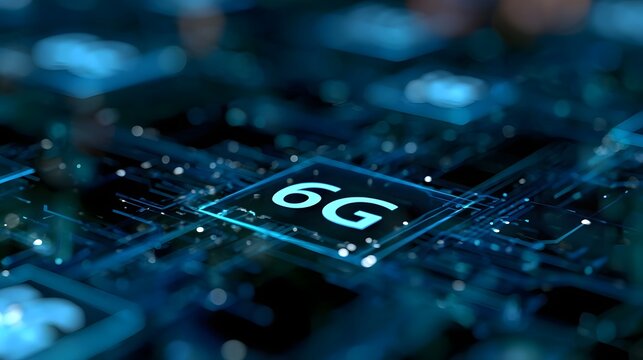 A futuristic 6G network chip with glowing blue circuitry and high tech digital design on a dark background