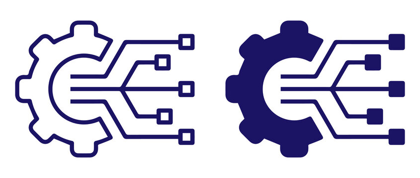 two icons of a digital gear with circuit lines connecting to squares, representing technology and data processing