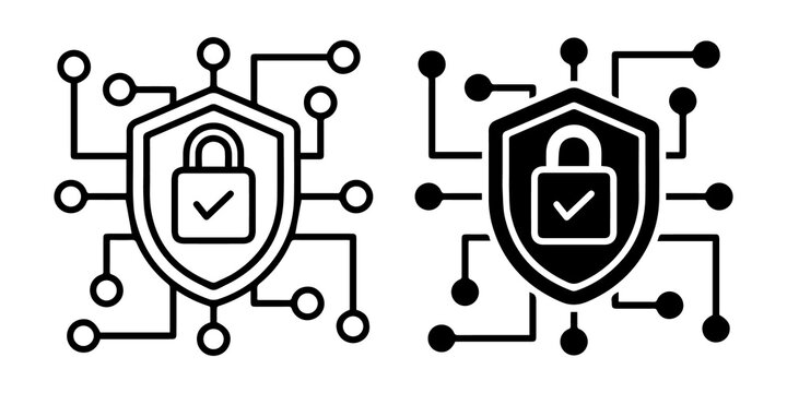two abstract icon representing cybersecurity and digital protection with a shield and lock symbol, connected by digital circuit lines