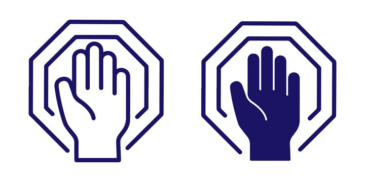 stop symbol hand palm outstretched in front of octagon frame icon vector illustration with glyph style and outline style