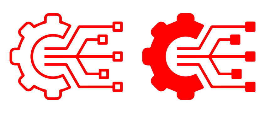 dual technology graphic icon representing connectivity and data flow with gear and circuit board elements in red and white outlines