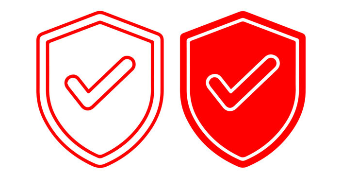shield emblem with check mark symbol, signifying security and protection, concept for safety, verification, or guarantee, in red and outline graphic
