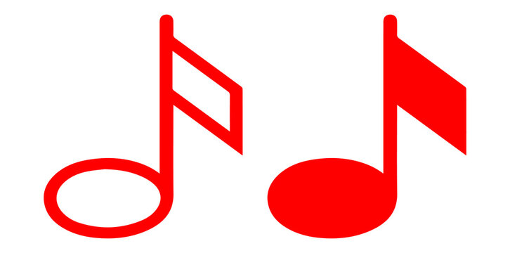 two red musical note symbols on a white background, one with a flag, representing music and rhythm