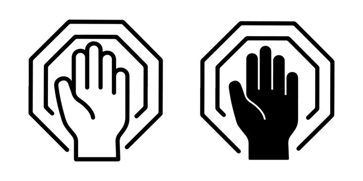 stop sign icon graphic with hand symbol for protest or caution against something negative, symbolizing halt or danger