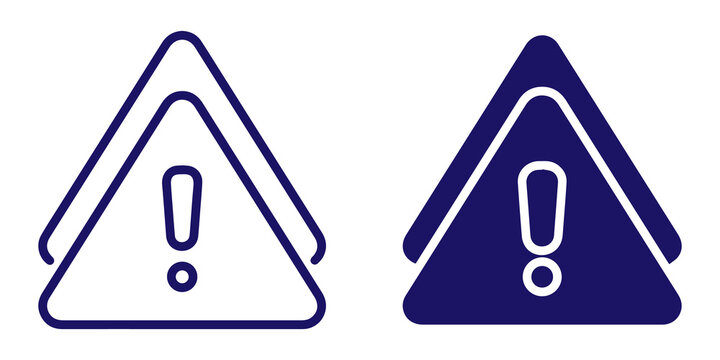 two stylized triangular warning symbols with exclamation marks, one outlined and one solid dark blue, represent caution and alert