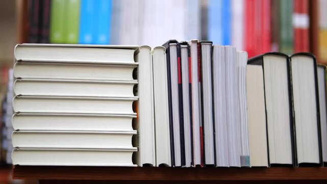 Books line wooden library shelving, with white books stacked flat among upright volumes. Organized collection supports education and research, offering familiar setting for reading and study.