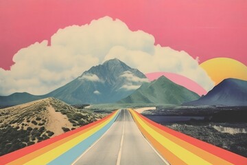 Fototapeta premium Collage Retro dreamy road landscape mountain outdoors.