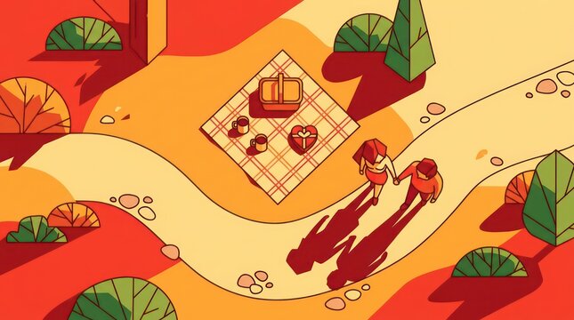 Romantic couple walking to an autumn picnic in the park illustration
