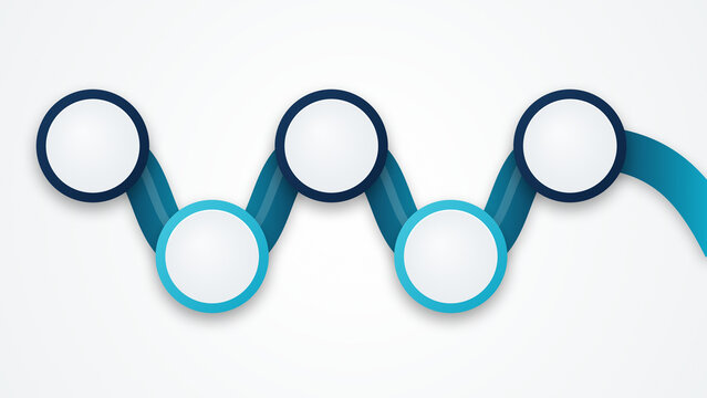 Sinuous wave timeline infographic template with five connected circle nodes for sequential process steps