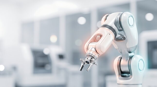 Sophisticated white robotic arm with glowing orange light sensor performing delicate tasks in modern automated facility for research and development or advanced product assembly applications