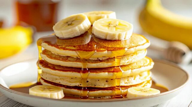 Delicious Stack of Banana Pancakes with Golden Syrup Drizzle