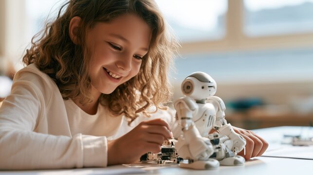 Wide classroom banner of a smiling child and a small white educational robot building a robot kit together, positioned on the left side of the frame.