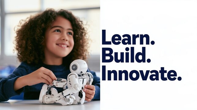 Wide classroom banner of a smiling child and small white educational robot building a robot kit on the left, warm natural light, and bold dark blue text &ldquo;Learn. Build. Innovate.&rdquo;