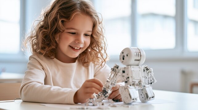 Wide classroom banner of a smiling child and a small white educational robot building a robot kit together, positioned on the left side of the frame.
