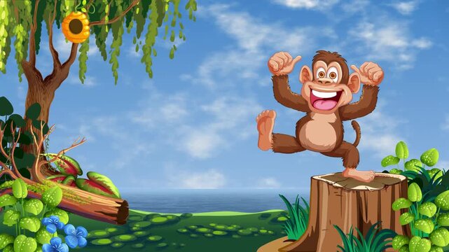 Cartoon Monkey Dancing on a Tree Stump in a Sunny Jungle Landscape