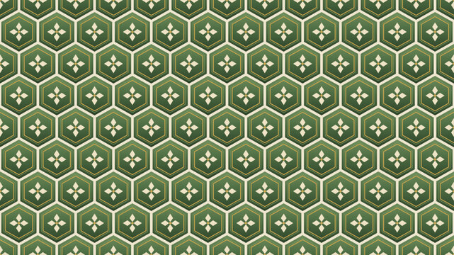 Japanese Kikko tortoiseshell hexagon seamless pattern, matcha green traditional hexagons with diamond flowers background for textile, kimono print, wallpaper and packaging