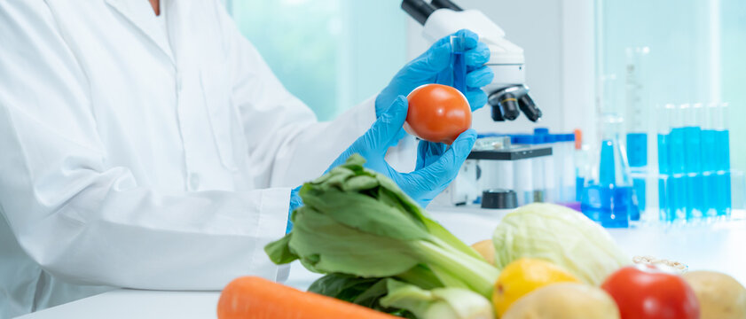 Scientist analyze chemical food residues in laboratory. Control experts inspect quality of fruits, vegetables. lab, hazards, ROHs, find prohibited substances, contaminate, Microscope, Microbiologist