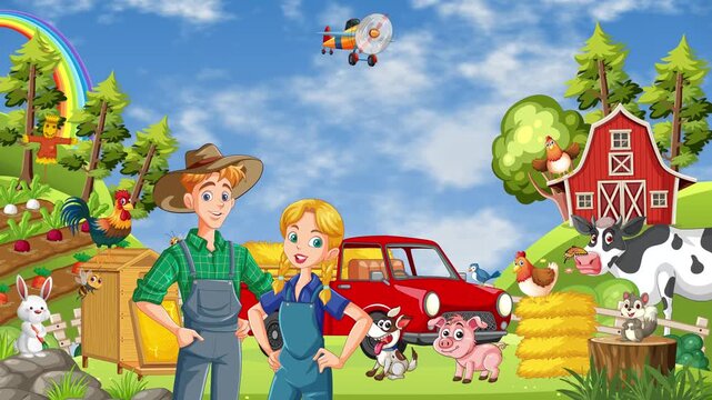 Cartoon Farmers and Farm Animals under Sunny Sky Animation
