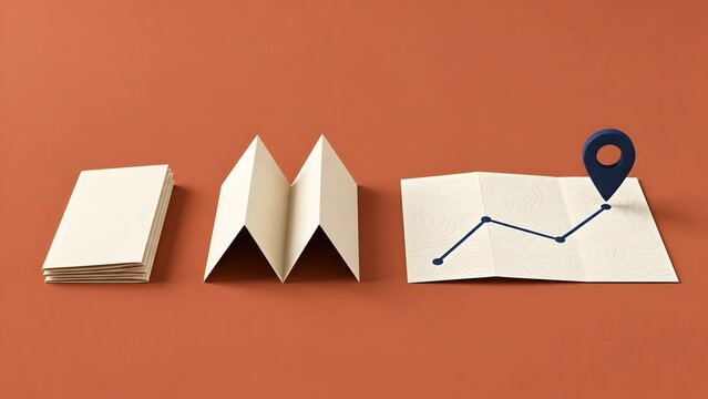 Abstract 3D illustration of a paper map unfolding with a blue location pin marker conveying navigation route planning and geographic orientation