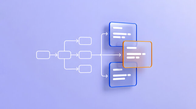 Conceptual 3D flowchart diagram with interconnected transparent glass nodes displaying data structures process mapping and system architecture