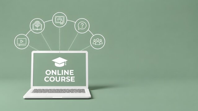 White laptop displaying an online course interface with educational icons illustrating digital e-learning virtual training and academic certification