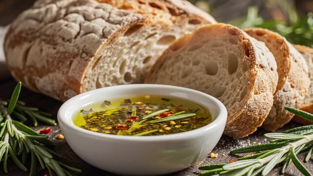 Freshly baked artisan bread loaf and sliced bread served with