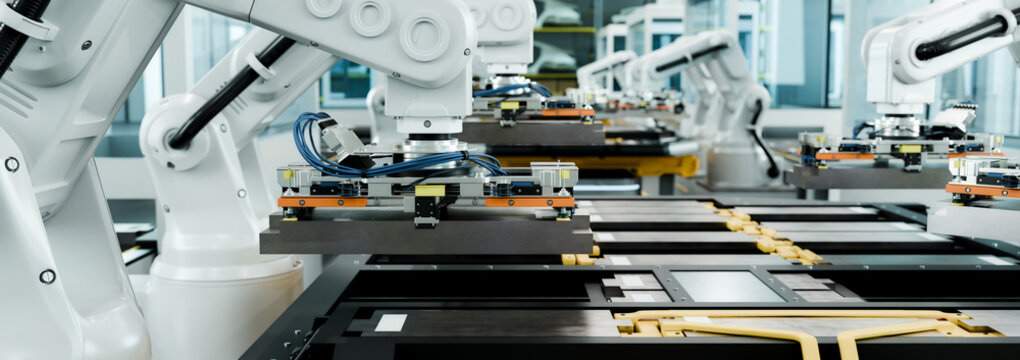 Industrial Robot Arms Assembling Lithium Ion EV Battery Pack Modules on Automated Production Line
