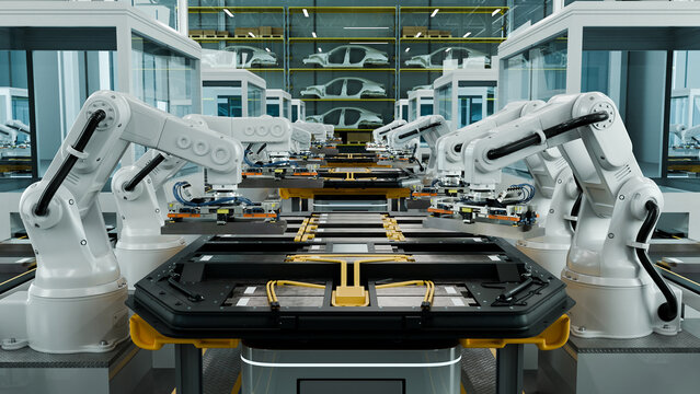 3D Illustration of Industrial Robot Arms Assembling Lithium Ion EV Battery Packs in Automated Smart Factory