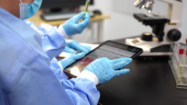 Laboratory scientist in protective clothing uses a tablet while handling a sample tube near a microscope, showing modern medical research and digital data work.