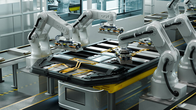 3D Illustration of Industrial Robot Arms Assembling Lithium Ion EV Battery Pack in Automated Car Manufacturing Plant