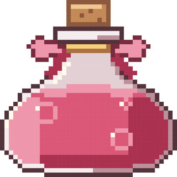 Garnet Red Magic Potion with Pink Neck Bows and Cork in Pixel Art