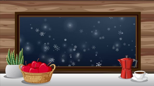 Animated Snowflakes Falling Outside a Cozy Cabin Window at Night