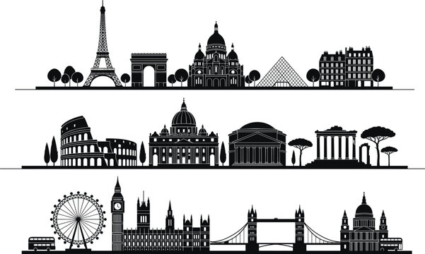 European City Skylines Silhouette Vector Pack: Paris, Rome, and London Landmark Sets