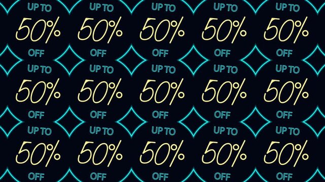 Cyber Monday Sale Up To 50 Percent Off Neon Geometric Motion Pattern Background.