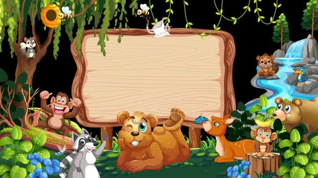 Cartoon Forest Animals Surrounding Blank Wooden Signboard Loop