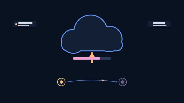 Animated cloud backup upload concept in a modern dark mode style, saving files in a smooth 4K seamless loop. Neon blue and azure accents, flowing dots and placeholder interface cards on a dark backgro
