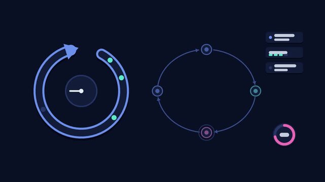 Animated retry with backoff concept in a modern dark mode style, widening intervals in a smooth 4K seamless loop. Neon blue and azure accents, flowing dots and placeholder interface cards on a dark ba