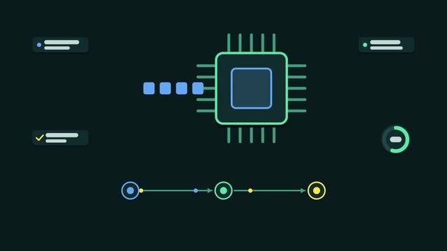 Seamless 4K looping animation explaining inference serving queue, with the diagram draining requests. Flat vector shapes, glowing bright green connector lines and dark UI cards with blank text placeho