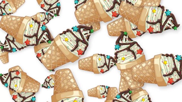 Falling Ice Cream Cones with Chocolate Drizzle on White Background
