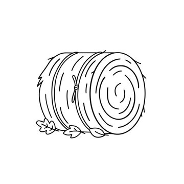 Round hay bale outline vector illustration with scattered straw