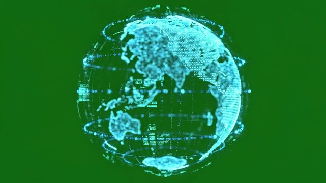 Holographic digital cyber earth globe rotating on chroma key green screen