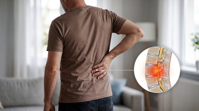 Man experiencing lower back pain with lumbar spine inflammation anatomical overlay, spinal nerve compression and backache concept